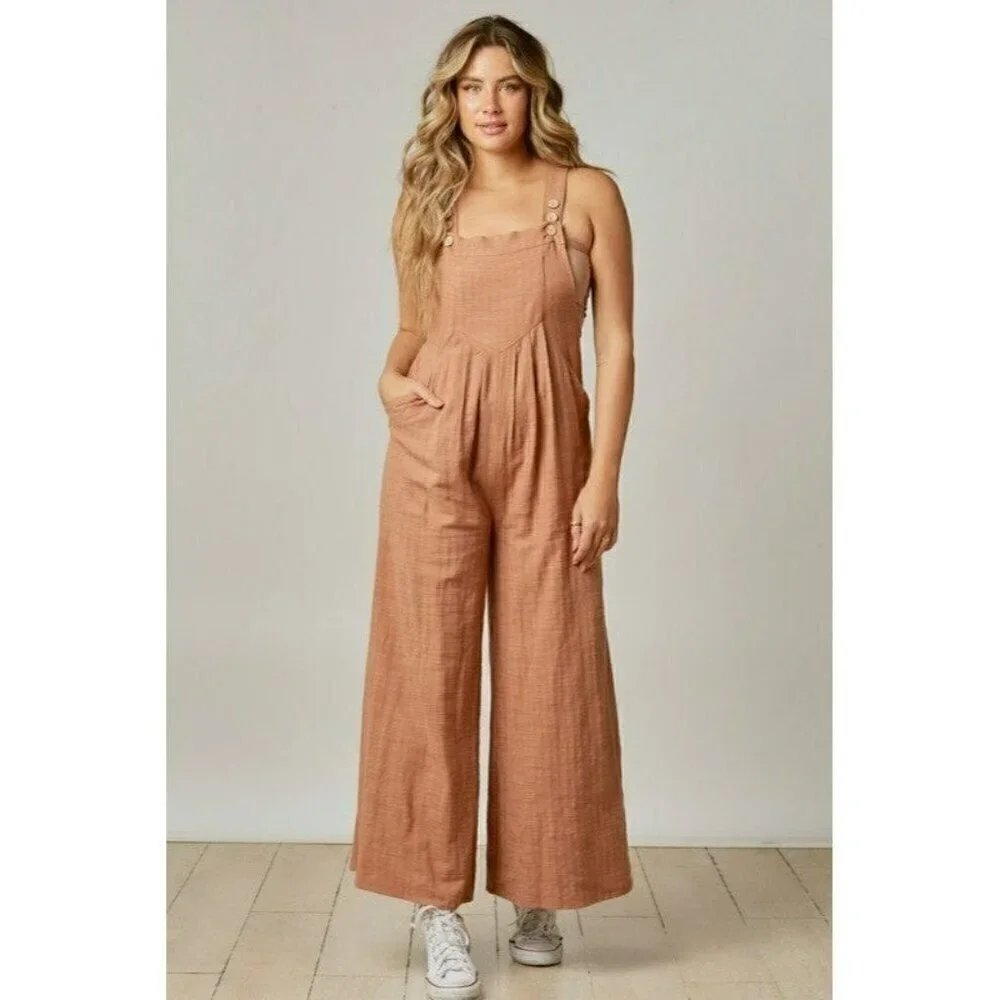 Let's Make Plans Wide Leg Overalls in Beige - Picture 3 of 7